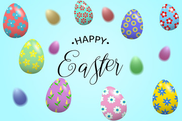 Happy Easter background template with lettering and colorful Easter eggs. Vector illustration.