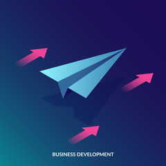Isometric business development concept. Paper airplane and arrows denoting the vector of development. Can use for web banner, infographics, hero images.