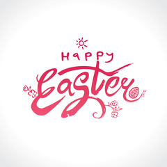 Happy Easter. Vector illustration easter logo dry brush painting. Spring flowers, sun, inscription and easter egg.
