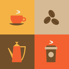 Vector illustration icon set of coffee: mug, coffee beans, kettle, coffee to go