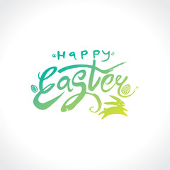 Happy Easter green logo. Doodle sketch vector hand drawn bunny jumping and Easter eggs. Easter handwritten inscription. Modern calligraphy.