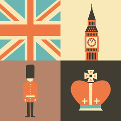 Vector illustration icon set of England, London, Flag, Big Ben, Guard, Crown