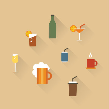 Vector illustration icon set of drinks: tea, lemonade, coffee, champagne, beer, cocktail