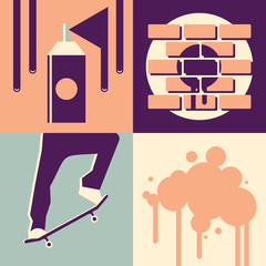 Vector illustration icon set of graffiti: paint, wall, skateboard, blot