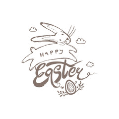 Happy Easter brush hand lettering. Doodle sketch vector hand drawn jumping bunny, clouds and Easter egg. Easter monochrome logo handwritten inscription. Modern calligraphy.