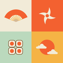 Vector illustration icon set of Japan: fan, ninja, sushi, sun