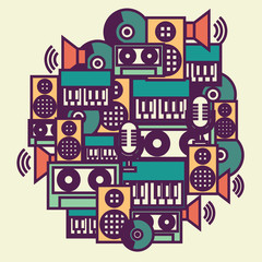 Obraz premium Vector abstract illustration of audio and sound icons: audio cassette, music record, dynamic, speaker, microphone and piano