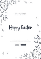 Happy Easter background with traditional sketches decorations. Easter greeting with colored eggs, rabbit.