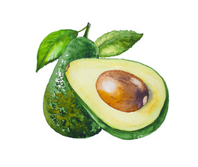 Avocado with avocado leaf isolated on a white background.