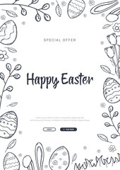 Happy Easter background with traditional sketches decorations. Easter greeting with colored eggs, rabbit.