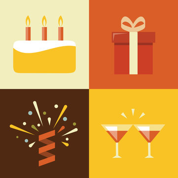 Vector illustration icon set of birthday: cake, gift, confetti, cocktail