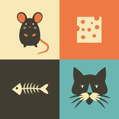 Vector illustration icon set of cat, mouse, cheese and fish