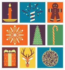 Vector illustration icon set of Christmas: candle, fireworks, cookies, snow, tree, candy, gift, deer, decoration