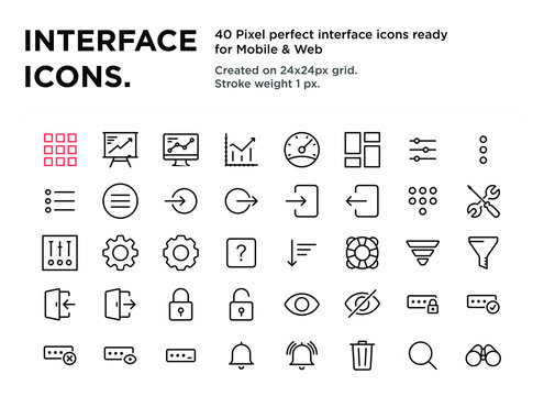 40 Interface Icons, pixel perfect, created on 24x24px grid, ready for all mobile platforms, web and print, easy to change color or size 