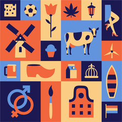 Netherlands, Amsterdam. Vector travel illustration, flat icon set, color background. - obrazy, fototapety, plakaty