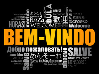 Bem-Vindo (Welcome in Portuguese) word cloud in different languages, conceptual background