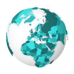Blank political map of Europe. 3D Earth globe with turquoise blue map. Vector illustration
