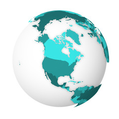 Blank political map of North America. 3D Earth globe with turquoise blue map. Vector illustration