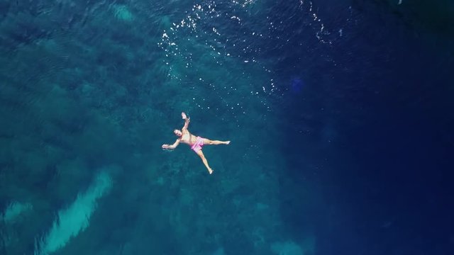 Aerial Shot of a male swimming on an emerald green sea.