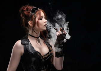 A beautiful red-haired cosplayer girl wearing a Victorian-style steampunk costume with a large breast in a deep neckline smoking a pipe in a puff of smoke  a black background