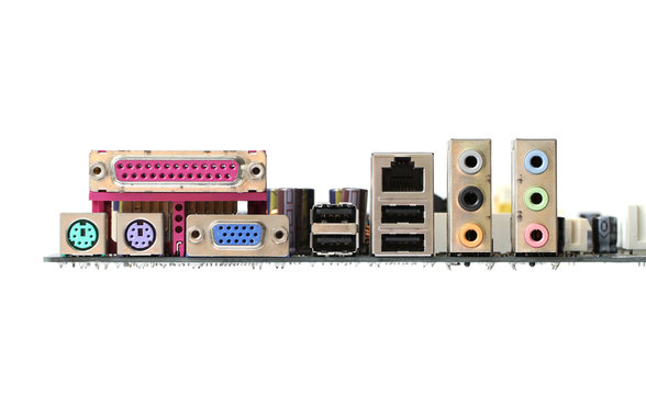 Computer mainboard back panel connector isolated on white background