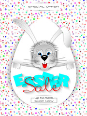 Easter sale banner, background, billboard. Portrait of Easter bunny on seamless pattern background. Easter greeting card design. 3D vector illustration. Paper cut out art style.