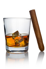 A glass of whiskey cooled with ice cubes and a smokeless cigar