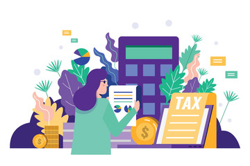 Business woman reading tax document to audit financial  data. Tax financial analysis, .tax online, accounting service concept. Flat design. Vector illustration.