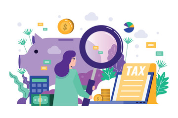 Business woman holding magnifying glass to audit financial  data. Tax financial analysis, tax online, accounting service concept. Flat design. Vector illustration.