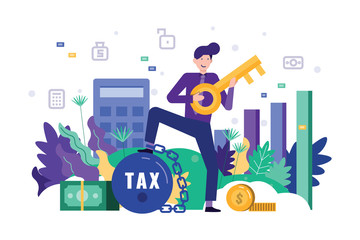 Happy business man holding a key, unlock his text burden. Tax time concept. Flat design element. Vector illustration.