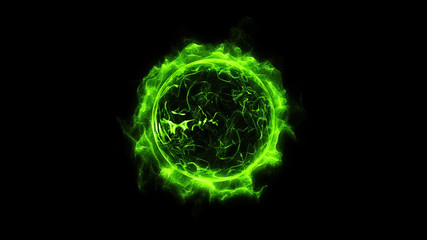Green circular shinning glowing light ring sparkle powerful effect dust explosion. Scatter bright neon on black background. Star frame galaxy and space digital concept.