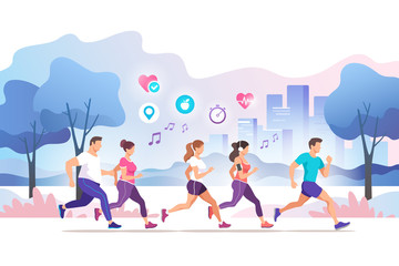 Fototapeta premium Group people running in the city public park. Healthy lifestyle. Training to marathon, jogging. Trendy style vector illustration.