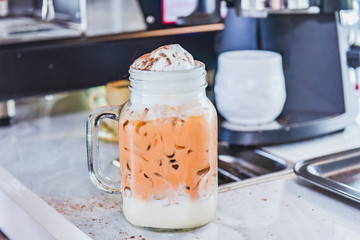 Ice thai tea with milk, traditional Indian drink is iced tea or chai masala, Milk tea, Orange tea