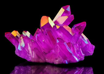 Amazing colorful Quartz Purple Titanium aura crystal cluster on black background, Angel aura mineral