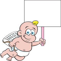 Cartoon illustration of happy baby cupid with a bow and holding a sign.