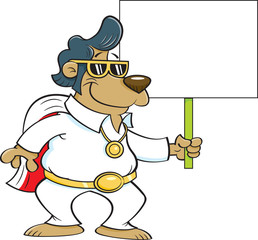 Cartoon illustration of a bear dressed as a Rock and Roll singer and holding a sign.