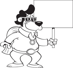Black and white illustration of a bear dressed as a Rock and Roll singer and holding a sign.