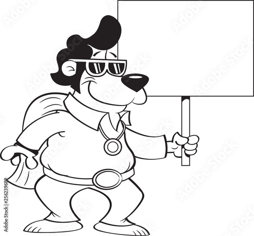 Black and white illustration of a bear dressed as a Rock and Roll singer and holding a sign.