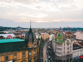 aerial view of old european city on sunset
