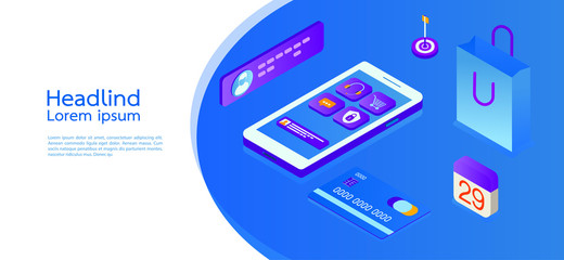Fototapeta na wymiar Modern design isometric concept business.smartphone on blue background and infographic elements.Vector illustration.
