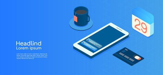 Modern design isometric concept business.smartphone on blue background and infographic elements. Vector illustration.