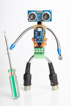 Robot made of parts of circuit boards, isolate on white