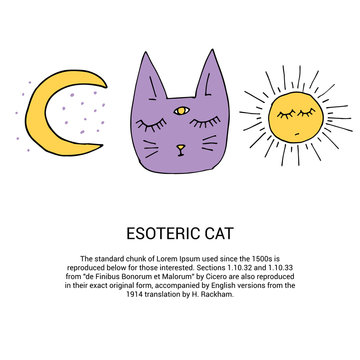 Cute esoteric space cat doodle hand-drawn vector
