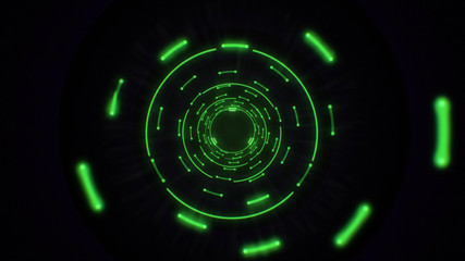 Green abstract light circles seamless looping. Animation of an abstract background tunnel loop with shiny light circles. Futuristic illumination neon space. Abstract circles neon tunnel.