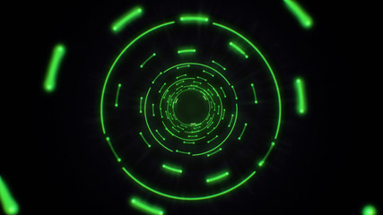Green abstract light circles seamless looping. Animation of an abstract background tunnel loop with shiny light circles. Futuristic illumination neon space. Abstract circles neon tunnel.