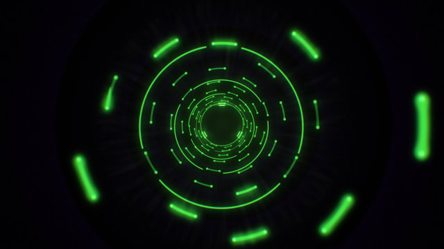 Green abstract light circles seamless looping. Animation of an abstract background tunnel loop with shiny light circles. Futuristic illumination neon space. Abstract circles neon tunnel.