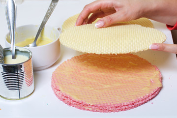 A woman lubricates the cakes and puts in a pile. Round wafer cakes of different colors. For making waffle cake. Nearby there is a can of condensed milk to soak the cakes.