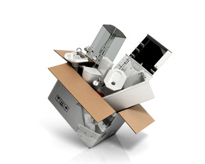 concept of product categories sanitary engineering fly out of the box 3d render on white