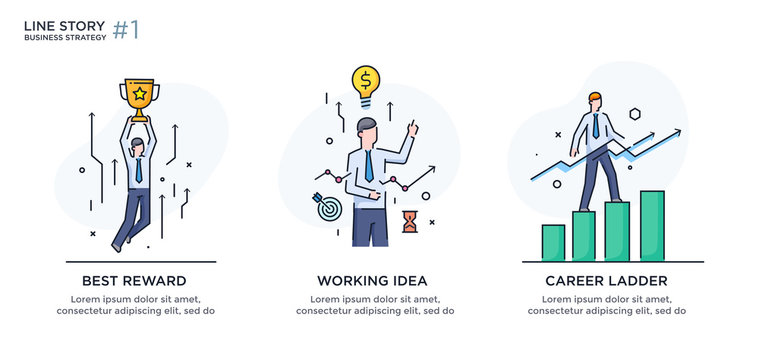 Set of illustrations concept with businessmen. Workflow, growth, graphics. Business development, milestones. linear illustration Icons infographics. Landing page site print poster