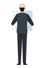 Construction engineer with plans backward colorful